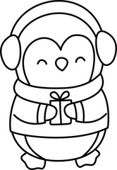 Cartoon Line Art of Penguin Wearing Earmuffs Holding Gift Illustration