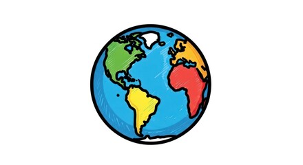 Fototapeta premium Cartoon globe illustration featuring colorful continents on a white background