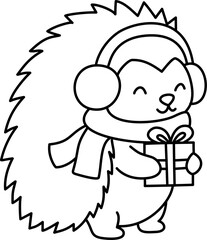 Cartoon Line Art Hedgehog with Gift and Winter Accessories Illustration