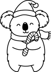 Cartoon Line Art of Christmas Koala with Candy Cane Illustration
