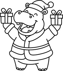 Cartoon Line Art Hippo in Santa Outfit with Gifts Illustration