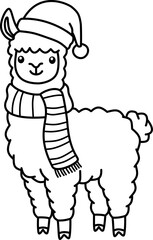 Cartoon Line Art Alpaca with Scarf and Santa Hat Illustration
