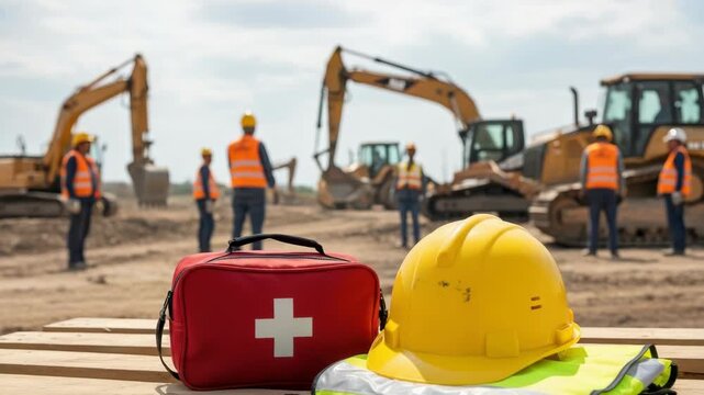 red first-aid kit yellow hard hat and reflective vest on wood planks Construction workers in orange vests and hard hats stand near heavy equipment at dusty site under bright sky