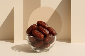A close-up shot of fresh dates in a clear glass bowl, bathed in warm, soft light against a minimalist, neutral backdrop