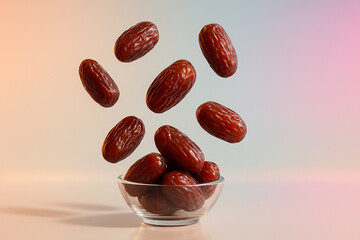 Fresh Medjool dates gracefully falling into a clear glass bowl against a softly lit gradient background, a healthy and delicious snack