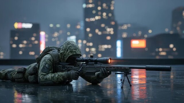 camouflaged figure lies prone on wet urban rooftop aiming suppressed sniper rifle with an orange-glowing scope Rain falls as city lights blur in the distant background reflecting on the surface