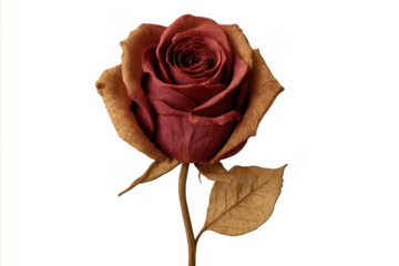 Dried red rose showing aging and nostalgia on transparent background
