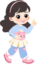 A cheerful young girl with brown hair, wearing a blue sweater and a pink skirt, holds a piggy bank and a coin, illustrating savings and financial education for children