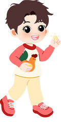Cartoon boy with chicken piggy bank, saving money for the future, financial literacy concept for kids