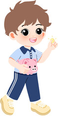 Happy cartoon boy putting a gold coin into a pink piggy bank, illustrating the concept of childhood savings and financial education