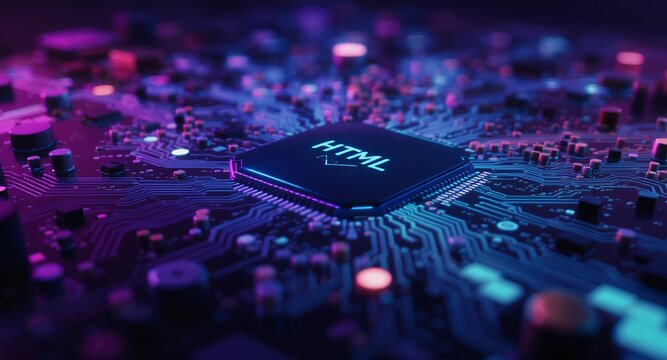 CPU with HTML Code on a Modern Motherboard, Technology Concept