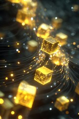 Golden Glowing Cubes Floating in Digital Space
