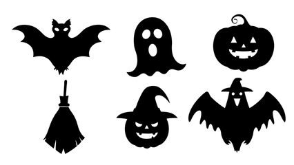 Set of Halloween silhouette collection elements on tranparent background