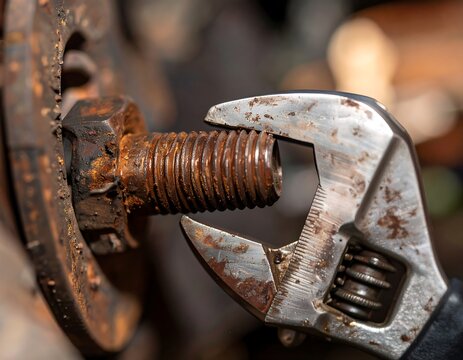 Rusty bolt being tightened with adjustable wrench - Powered by Adobe