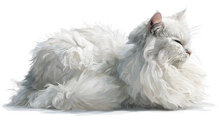 A beautiful, fluffy, white cat lies resting, exhibiting a serene expression with eyes closed. Its long, soft fur appears textured against the pure white background.