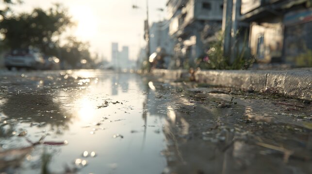 Detailed perspective capturing a rain-soaked city street, showcasing a puddle reflecting the sky and buildings under a soft, diffused light, with focus on the water surface and textures.