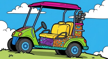 Fototapeta premium Colorful golf cart illustration with golf clubs against blue sky and clouds