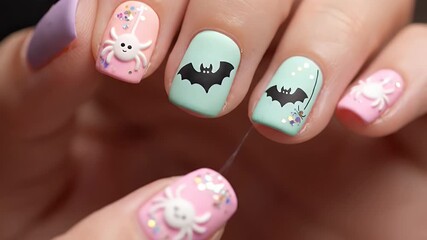Cute Halloween Spider and Bat Nail Art Design Ideas.