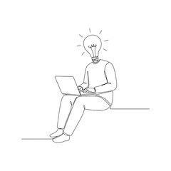 Continuous line drawing of a person with a lightbulb head working on a laptop. Business creativity and innovation concept.