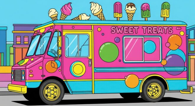 Colorful ice cream truck illustration with sweet treats and dessert options