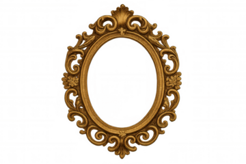 Ornate gold oval frame with intricate baroque scrollwork and floral details, providing a vintage decorative element on transparent background