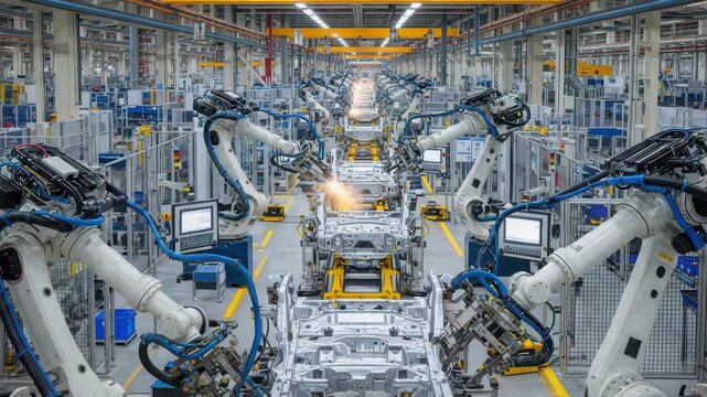 Automated factory floor featuring white robotic arms with blue cabling actively welding vehicle chassis frames Sparks illuminate the assembly line showcasing modern manufacturing efficiency and precis