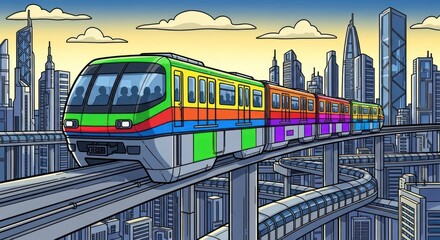 Obraz premium Colorful monorail train traveling through a modern cityscape against a sky