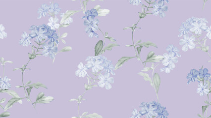 Floral seamless pattern featuring clusters of watercolor illustrations of Cape leadwort flowers and soft, grayish-green leaves on a solid purple background