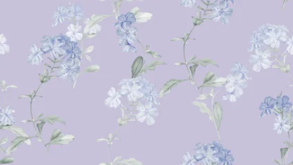 Gordijnen Bladeren Floral seamless pattern featuring clusters of watercolor illustrations of Cape leadwort flowers and soft, grayish-green leaves on a solid purple background  © momosama