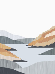Minimalist abstract landscape featuring a serene scene of a calm lake passing between hills in autumn filled with lines of muted purple and grey tones
