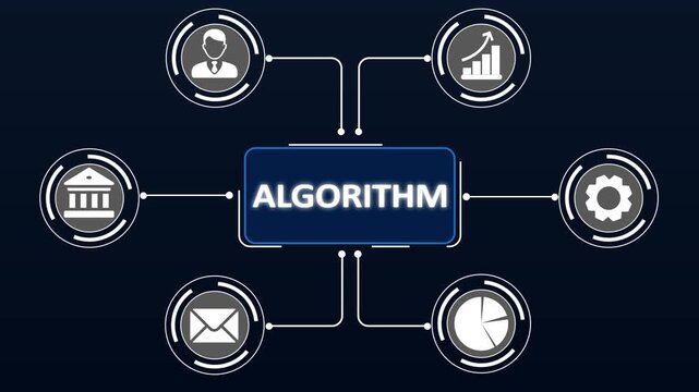 Professional person using laptop to analyze data with graphic representation of algorithm and digital statistics in modern workspace.