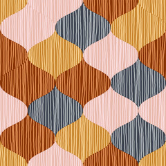 Abstract seamless pattern featuring quatrefoil tessellation shapes in a soft, muted, and earthy color palette filled with hand-drawn vertical lines, creating a woven or rustic look