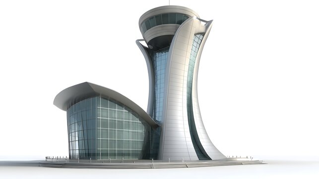 Modern architectural structure showcasing a contemporary design with a cylindrical control tower atop a sleek, curved building, featuring glass paneling, a futuristic aesthetic, and a clean,...