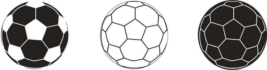Fototapeta premium Stylized soccer ball icon set in black, outline, and dark styles, vector illustration for sports design, minimal and graphic concept for athletic themes