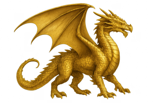 Golden fantasy dragon standing with wings spread