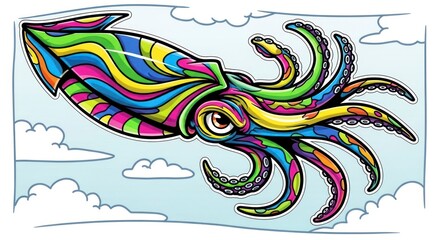 Obraz premium Colorful vector illustration of a stylized squid floating with clouds