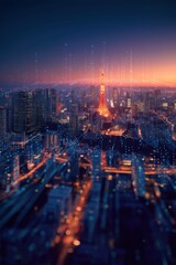 Fototapeta premium Smart City Skyline with Digital Data Flow at Sunset