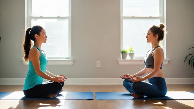 Two women meditate seated on mats in bright room Facing each other hands in mudra they are bathed in natural light from windows casting shadows on the wooden floor Potted plants adorn sills