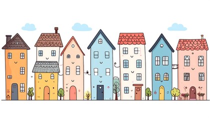 Adorable Cartoon Houses in a Row with Smiling Faces and Cute Decorations