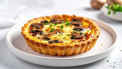 Gourmet mushroom quiche tart with golden crust, creamy filling, fresh herbs.
