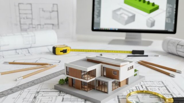 modern architectural model house sits on blueprints with drafting tools like pencils ruler measuring tape and magnifying glass A computer with 3D design software is in the background