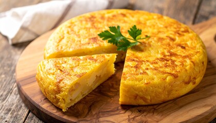 Traditional Spanish tortilla, rich with potatoes and eggs, served on wood. A slice is ready to enjoy.