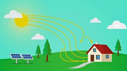 Naklejka premium Solar Panel Powering House with Renewable Energy from Sunlight Illustration