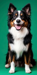 Fototapeta premium Happy and Playful Dog with Black and White Fur Against Bright Green Background