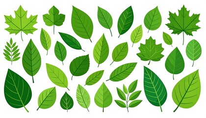 Collection of various green leaves on white background