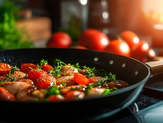Fresh Ingredients Cooking in Pan with Cherry Tomatoes and Herbs in Bright Kitchen Light