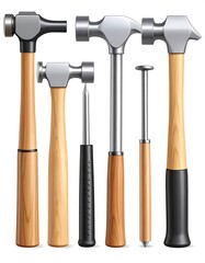 Collection of various hammers and a nail punch