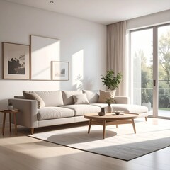 Bright and serene minimalist living room with beige sofa, wood table, natural light.