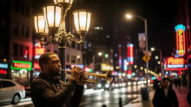 man in dark jacket plays golden trumpet under an ornate streetlamp at night Colorful neon signs illuminate the wet city street blurring car lights and passing pedestrians