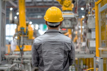 Engineer monitoring robotic machinery in automated factory